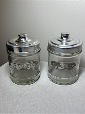 Vintage Dulton glass canister 
brushed aluminum lid
"FLOUR" and “COFFEE” plaque